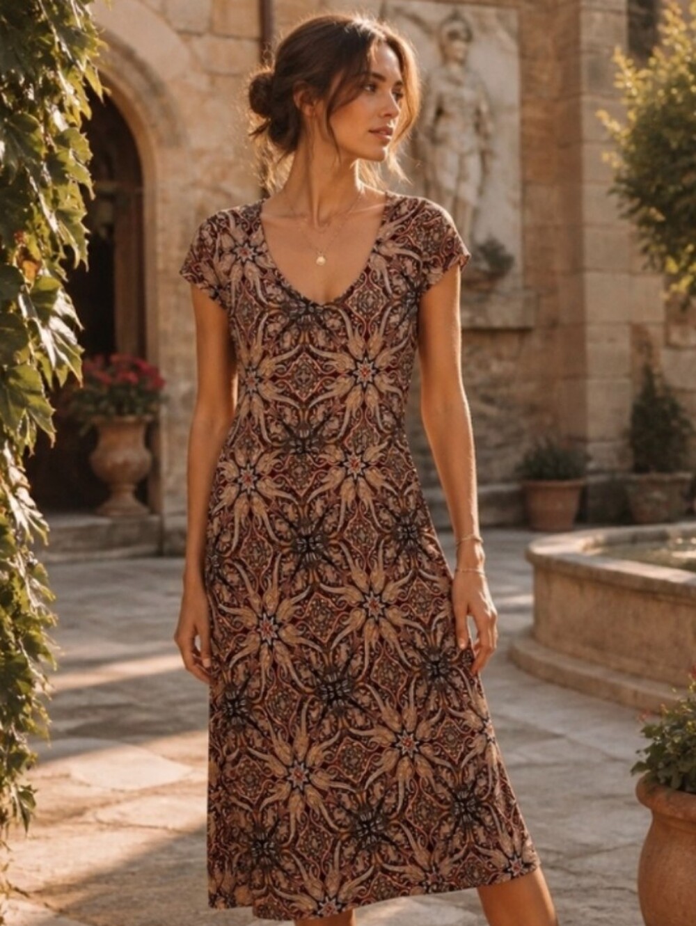 Printed V-Neck Midi Dress in Brown Floral